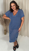 CurveWow Crochet Knitted V Neck Beach Dress Indigo Blue