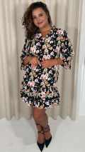 CurveWow Ruffle V Neck Smock Dress Black/Red Floral