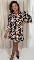 CurveWow Ruffle V Neck Smock Dress Black/Red Floral