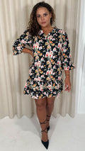 CurveWow Ruffle V Neck Smock Dress Black/Red Floral