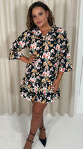 CurveWow Ruffle V Neck Smock Dress Black/Red Floral