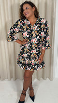 CurveWow Ruffle V Neck Smock Dress Black/Red Floral