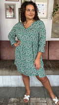 CurveWow Printed Smock Mini Dress Green Ditsy