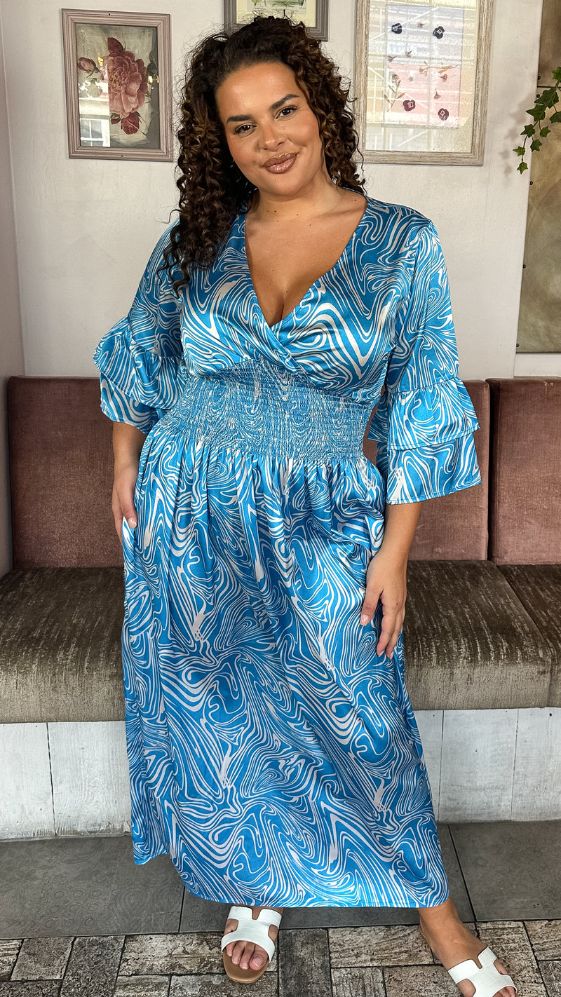 CurveWow Shirred V Neck Maxi Dress Light Blue