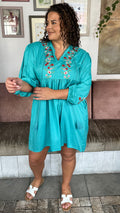 Curvewow Embroidered Tassel Tie Smock Dress Light Blue