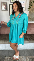 Curvewow Embroidered Tassel Tie Smock Dress Light Blue