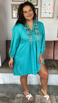 Curvewow Embroidered Tassel Tie Smock Dress Light Blue