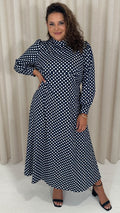 CurveWow High Neck Polka Maxi Dress Navy