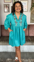 Curvewow Embroidered Tassel Tie Smock Dress Light Blue