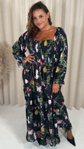 CurveWow Shirred Top Maxi Dress Black Floral