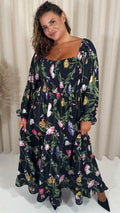 CurveWow Shirred Top Maxi Dress Black Floral