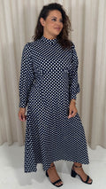 CurveWow High Neck Polka Maxi Dress Navy