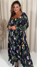 CurveWow Shirred Top Maxi Dress Black Floral