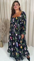 CurveWow Shirred Top Maxi Dress Black Floral