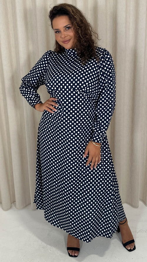 CurveWow High Neck Polka Maxi Dress Navy