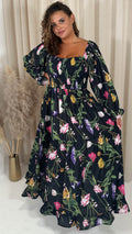 CurveWow Shirred Top Maxi Dress Black Floral