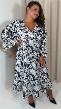 CurveWow Bell Sleeve Midi Dress Black Floral