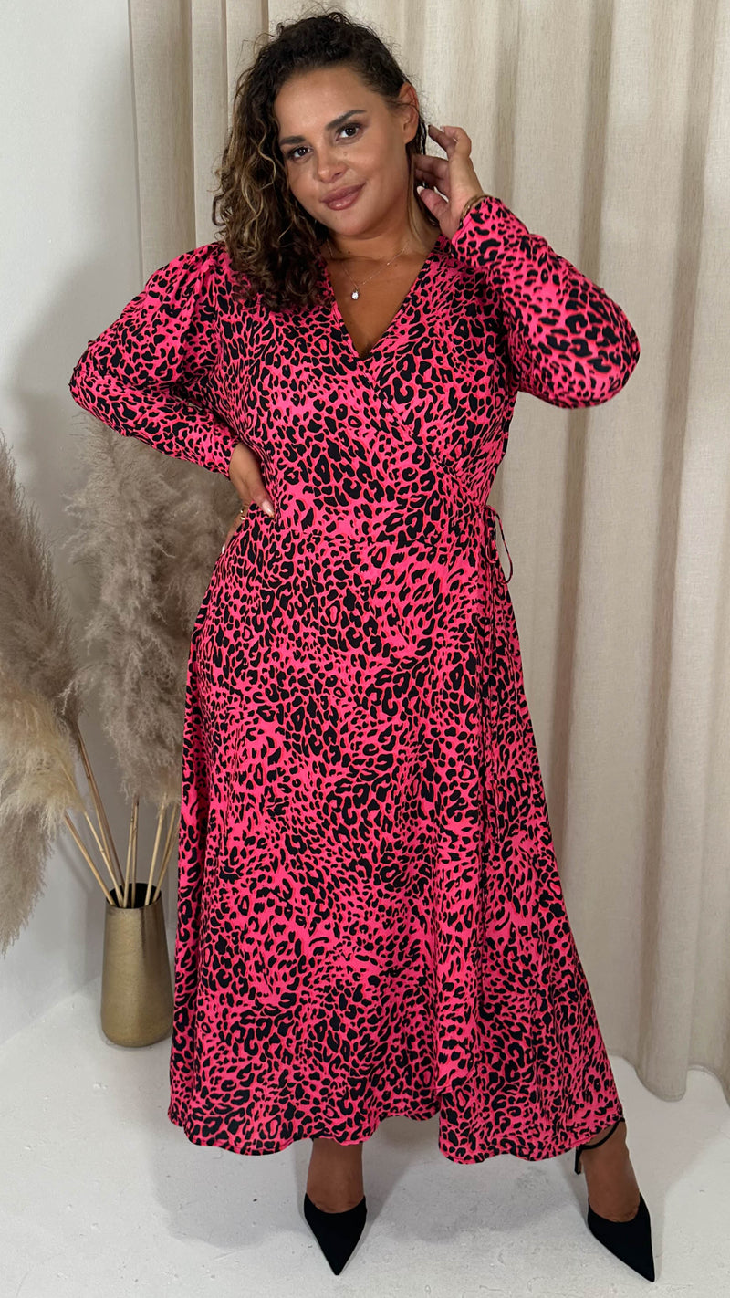 CurveWow Long Sleeve Wrap Dress Pink Animal