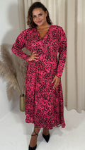 CurveWow Long Sleeve Wrap Dress Pink Animal