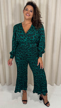 CurveWow V Neck Pleated Jumpsuit Green Animal