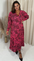 CurveWow Long Sleeve Wrap Dress Pink Animal