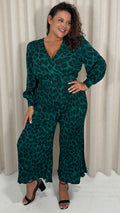 CurveWow V Neck Pleated Jumpsuit Green Animal