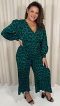 CurveWow V Neck Pleated Jumpsuit Green Animal