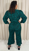 CurveWow V Neck Pleated Jumpsuit Green Animal