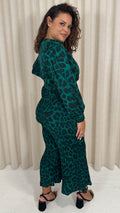 CurveWow V Neck Pleated Jumpsuit Green Animal