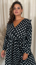 CurveWow Frill Wrap Dress White/Black Polka Dot