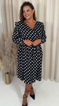 CurveWow Frill Wrap Dress White/Black Polka Dot