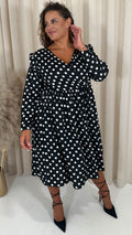 CurveWow Frill Wrap Dress White/Black Polka Dot