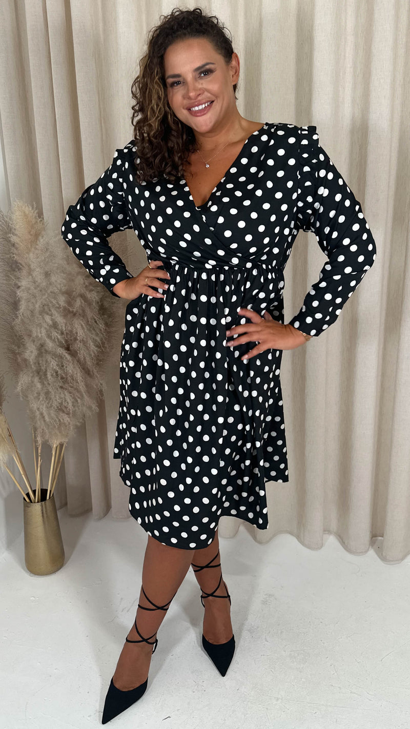 CurveWow Frill Wrap Dress White/Black Polka Dot