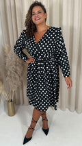 CurveWow Frill Wrap Dress White/Black Polka Dot