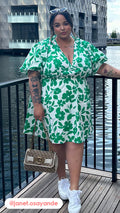 CurveWow Puff Sleeve V Neck Dress Green Floral