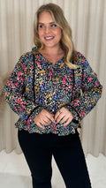 CurveWow Frill V Neck Blouse Black Multi Floral