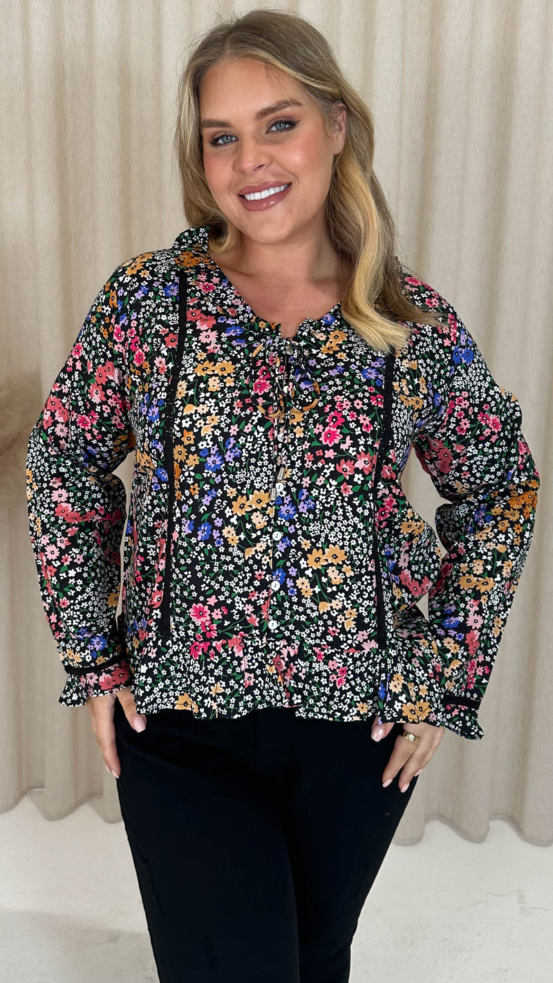 CurveWow Frill V Neck Blouse Black Multi Floral