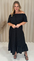 CurveWow Elasticated Waist Bardot Maxi Dress Black Polka