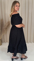 CurveWow Elasticated Waist Bardot Maxi Dress Black Polka