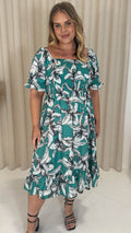 CurveWow Square Neck Shirred Midi Dress Turquoise Floral