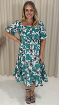 CurveWow Square Neck Shirred Midi Dress Turquoise Floral