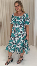 CurveWow Square Neck Shirred Midi Dress Turquoise Floral