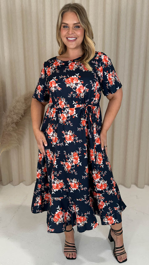 CurveWow Frill Hem Midi Dress Navy Orange Floral