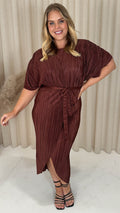 CurveWow Plisse Batwing Wrap Midi Dress Chocolate Brown