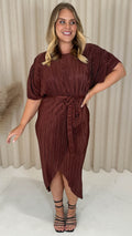 CurveWow Plisse Batwing Wrap Midi Dress Chocolate Brown