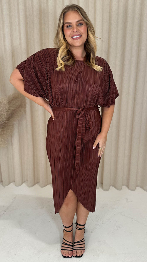 CurveWow Plisse Batwing Wrap Midi Dress Chocolate Brown