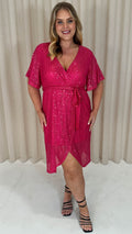 CurveWow Sequin Wrap Dress Raspberry Pink