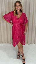 CurveWow Sequin Wrap Dress Raspberry Pink