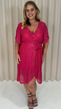 CurveWow Sequin Wrap Dress Raspberry Pink