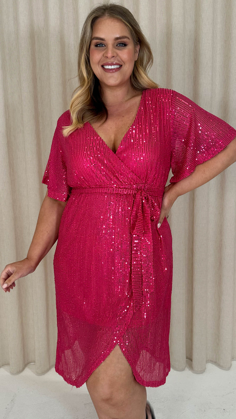 CurveWow Sequin Wrap Dress Raspberry Pink